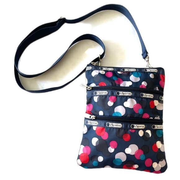 Le Sportsac Crossbody Bag Navy Blue Multi Nylon Polka Dot Adjustable Strap 9" - Picture 1 of 11